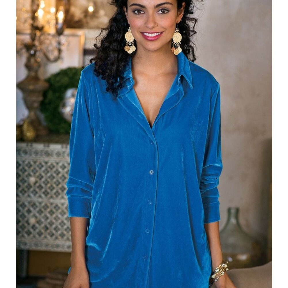 SOFT SURROUNDINGS Womens Sz 1X Velvet Boyfriend Blue Stretch Velvet Tunic Shirt